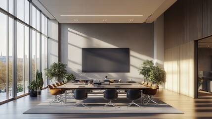 Poster - A large, ultra-high-definition presentation screen in a modern office, designed for clear and vibrant visuals during meetings,
