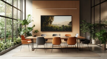 Poster - A large, ultra-high-definition presentation screen in a modern office, designed for clear and vibrant visuals during meetings,