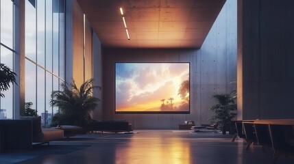 Poster - A large, ultra-high-definition presentation screen in a modern office, designed for clear and vibrant visuals during meetings,