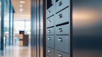 Poster - A lockable filing cabinet in a corporate office, used to secure sensitive or private documents. The sturdy construction ensures confidentiality