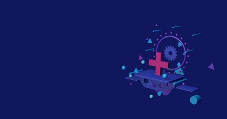 Poster - Pink plus symbol on a pedestal of abstract geometric shapes floating in the air. Abstract concept art with flying shapes on the right. 3d illustration on indigo background