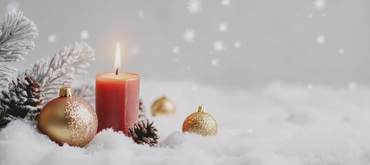 Festive Red and Gold Christmas Candle with Snowy Decorations, Blank Banner for Text on Grey