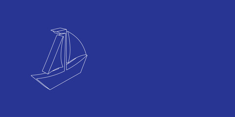 Poster - The outline of a large sailing boat symbol made of white lines on the left. 3D view of the object in perspective. Vector illustration on indigo background