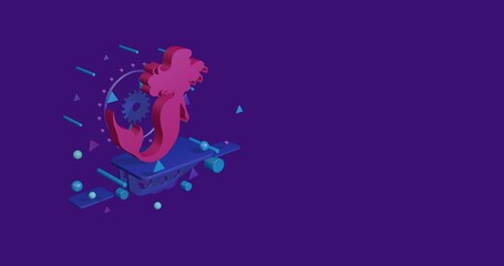 Poster - Pink mermaid symbol on a pedestal of abstract geometric shapes floating in the air. Abstract concept art with flying shapes on the left. 3d illustration on deep purple background