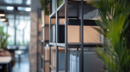 Poster - A metal document shelf in a shared workspace, featuring several levels to store files and folders.