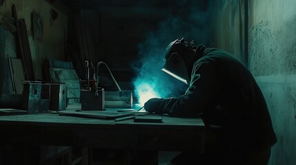 Wall Mural - A metal welder working in a workshop, performing TIG welding on aluminum. The welder uses a tungsten electrode to create a precise and clean weld