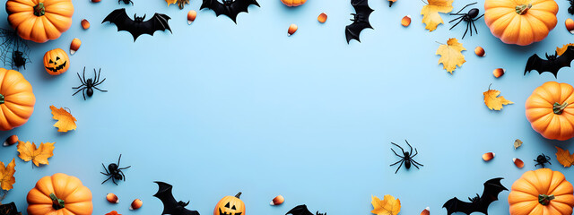 Canvas Print - halloween holiday background with party decorations of pumpkins, bats, ghosts, spiders on blue top v