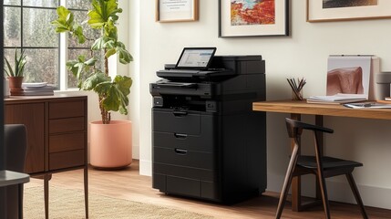 Poster - A modern office photocopier sitting in the corner of a well-lit workspace. With a sleek design,