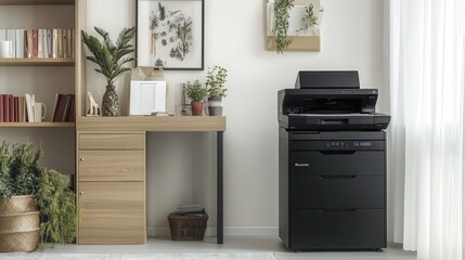 Poster - A modern office photocopier sitting in the corner of a well-lit workspace. With a sleek design,