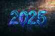 © PhotoArtHub - Neon blue graffiti on a brick wall displays the year 2025 with vibrant colors and artistic flair