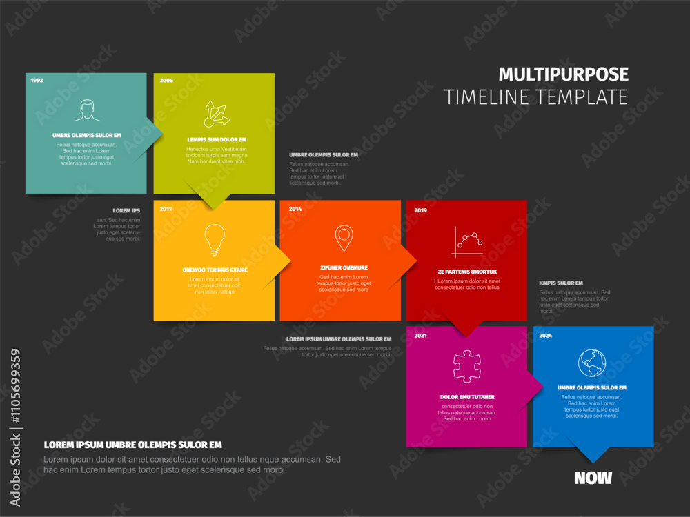 Multipurpose square blocks time line template with sample text content ...