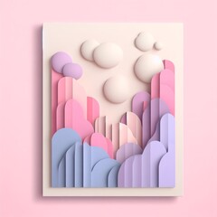 Fototapete - An abstract representation of a landscape features layered shapes in pink, purple, and cream, accented by soft clouds.
