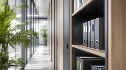 Poster - A narrow document shelf in a hallway, offering a space-saving solution for storing essential files and documents.