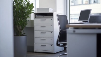 Poster - A narrow filing cabinet in a corner office, designed to fit into tight spaces.