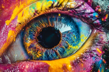Aufkleber - A captivating depiction of a human eye covered with energetic paint splashes, displaying a multitude of colors and patterns with a lively and creative aesthetic.
