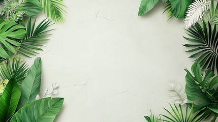 Poster - Dreamy Watercolor Composition with Overlapping Greenery and Tropical Leaves Against a Soft Background for Elegant Design Projects