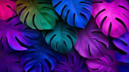 Poster - Dreamy Watercolor Composition Featuring Overlapping Tropical Leaves in Vibrant Colors, Invoking a Serene and Artistic Mood for Creative Projects