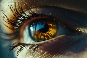 Aufkleber - This close-up image captures an eye with intricate golden patterns in the iris, highlighting the natural beauty and complexity of human vision.