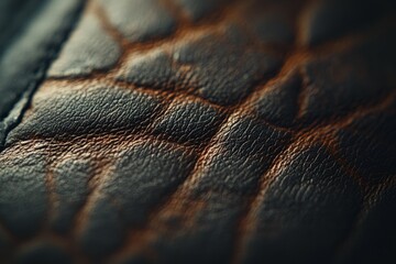 Poster - A close-up shot of brown leather showcasing its intricate, rich texture, making it ideal for fashion accessories that highlight an organic, rugged aesthetic.