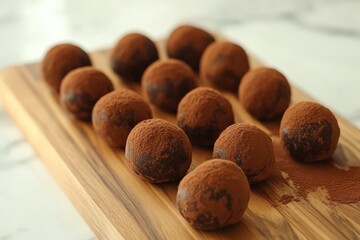 Poster - Rows of handmade chocolate truffles sit elegantly on a light wooden board, richly covered with cocoa powder, offering a visual delight for the senses.