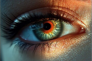 Poster - In this image, an eye gleams as it catches a bright light source, creating an interplay of shadows and vibrant colors, conveying depth and mystery through its gaze.