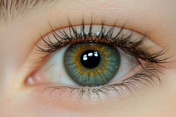 Aufkleber - A detailed macro photograph of the human eye showcasing vivid green hues, beautifully detailed eyelashes, and reflections that draw in the viewer's attention.