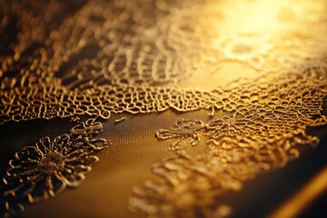 Poster - A detailed close-up of golden lace illuminated by warm sunlight, showcasing intricate designs and patterns that exude elegance and sophistication.