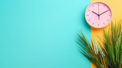 Poster - Pink Wall Clock and Plant in Bright Minimalist Office Interior