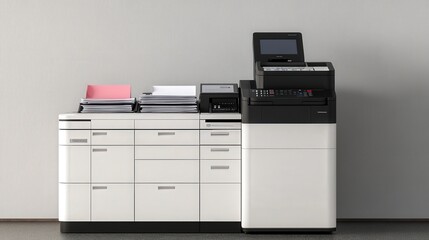 Poster - A photocopier machine in a professional setting, equipped with multiple paper trays for different paper sizes and types.