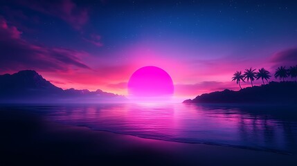 Wall Mural - Majestic Sunset Over Tropical Beach with Lush Palms and Calm Waters, Creating a Serene Atmosphere Perfect for Relaxation and Reflection