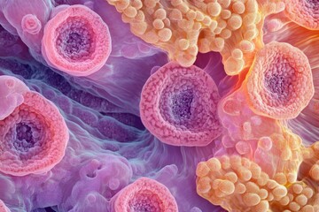Aufkleber - A striking close-up of brightly colored abstract cellular patterns in pink and orange hues, presenting a captivating view reminiscent of microscopic imagery.
