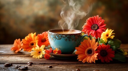 Wall Mural - Steaming Coffee Cup with Vibrant Autumn Flowers