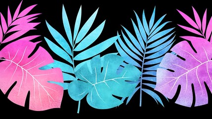 Poster - Stunning Watercolor Artwork Illustrating Tropical Leaves in Vivid Colors on a Black Background, Perfect for Nature-Inspired Designs and Creative Projects