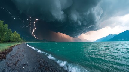 Wall Mural - Dramatic Thunderous Tropical Storm Clouds Over Serene Beach Setting with Rolling Waves and Strong Lightning Strikes Illuminating the Sky at Dusk