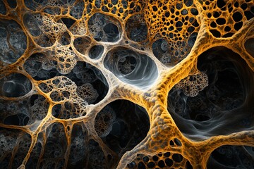 Aufkleber - This image showcases a complex, golden-hued network of organic patterns resembling cellular structures, capturing the essence of intricate natural design and connectivity.