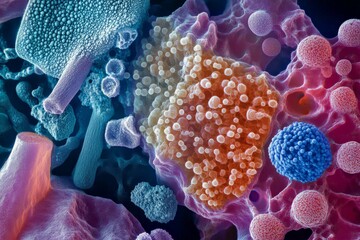 Aufkleber - Intricate cellular forms create a stunning abstract composition, with vibrant colors contrasting against each other to give an impression of microscopic life.