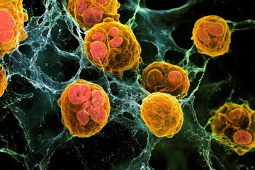Poster - Microscopic image showing colorful bacterial colonies wrapped in biofilm with a contrast between orange and yellow hues, highlighting cellular structures.