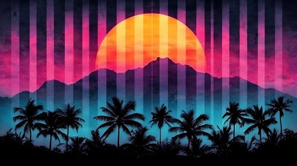 Wall Mural - A Vibrant Sunset Over a Tranquil Beach Scene with Colorful Hues and Silhouetted Palm Trees Creating a Serene Atmosphere for Relaxation and Reflection