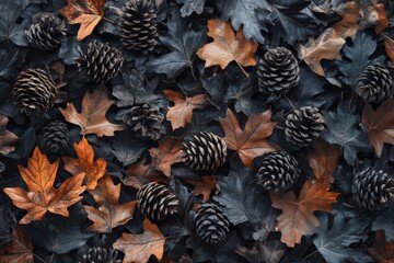 Poster - A collection of brown and orange autumn leaves mixed with pine cones on a dark forest floor, creating a texture-rich natural pattern full of seasonal beauty.