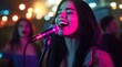 © Tamara - A beautiful young woman with long black hair sings into the microphone at a karaoke bar