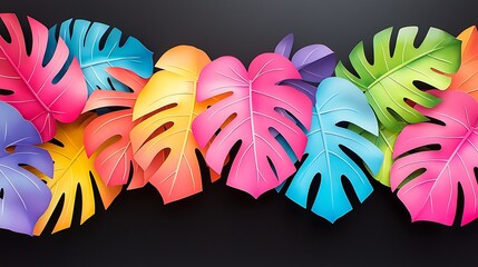Poster - Vibrant Abstract Watercolor Composition Featuring Bold Tropical Leaves in a Colorful Arrangement on a Dark Background