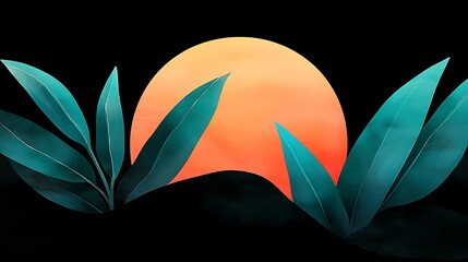 Poster - Beautiful Abstract Watercolor Illustration Featuring a Vibrant Sunset with Lush Green Leaves Against a Dark Background for Artistic Designs