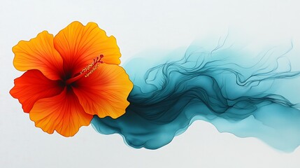 Poster - Bold Abstract Watercolor Painting Featuring Vibrant Orange Hibiscus Flower with Fluid Teal Swirls Creating a Calm and Inviting Atmosphere for Modern Decor
