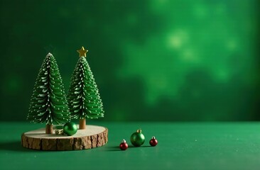Wall Mural - on the green area there are 2 small souvenir christmas trees, without toys, on discs made of cut tre