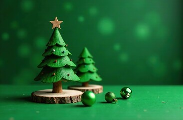Wall Mural - on the green area there are 2 small souvenir christmas trees, without toys, on discs made of cut tre