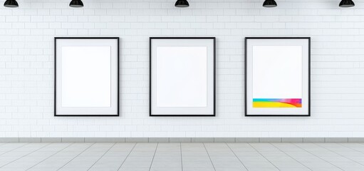 Poster - Blank movie posters, lit by spotlights, create a modern realistic mockup. White pictures in black frames adorn a gray tiled wall in a cinema, theater hallway, or gallery. Empty advertising banners