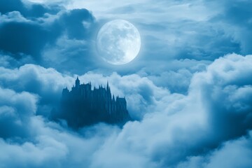 Poster - A picturesque castle emerges dream-like through swirling, luminous blue clouds, with the full moon shining overhead, creating a surreal and serene night scene.