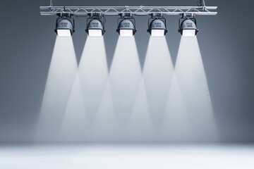 Poster - A contemporary collection of bright white rays, isolated on a transparent background, emitted from spotlights and floor projectors for use in shows, concerts, theater stages, or podiums.