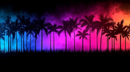 Poster - Artistic Representation of a Vibrant Sunset Over Tropical Palms with Stunning Color Gradients and Silhouette Effects in a Dreamy Atmosphere