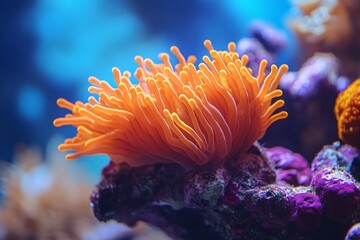 Poster - A close-up shot of a bright orange coral with intricate tentacles, highlighting the vibrant colors and complex textures of marine life under the ocean's surface.